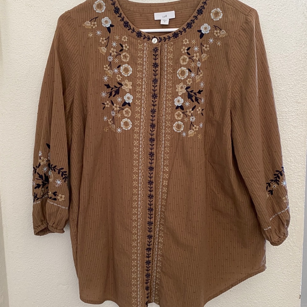J. Jill Embroidered Boho Blouse Size Medium Brown Floral Peasant Top